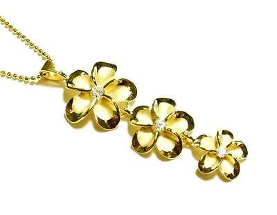 YELLOW GOLD ON STERLING SILVER 925 HAWAIIAN 3 PLUMERIA FLOWER DANGLE PENDANT