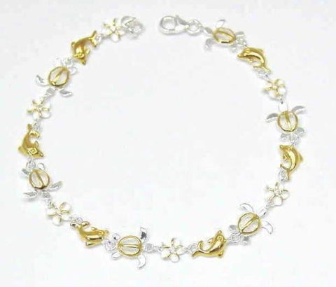YELLOW GOLD PLATED 2T SILVER 925 HAWAIIAN PLUMERIA TURTLE DOLPHIN ANKLET 9"