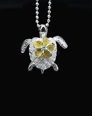 SILVER 925 HAWAIIAN 3D TURTLE CARRY YELLOW MOVABLE PLUMERIA FLOWER PENDANT