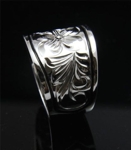 SILVER 925 HAWAIIAN RING PLUMERIA SCROLL 15MM TAPER BAND BLACK BORDER RHODIUM