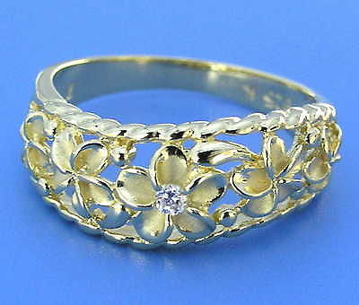 YELLLOW GOLD 925 SILVER 5 HAWAIIAN PLUMERIA FLOWER CZ RING CURVE STYLE