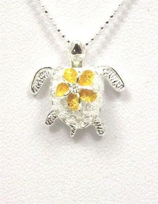 SILVER 925 HAWAIIAN 3D TURTLE CARRY YELLOW MOVABLE PLUMERIA FLOWER PENDANT