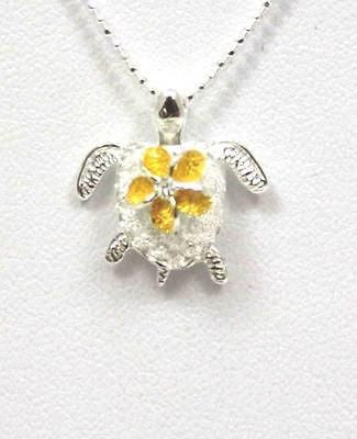 SILVER 925 HAWAIIAN 3D TURTLE CARRY YELLOW MOVABLE PLUMERIA FLOWER PENDANT