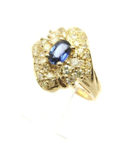 GENIUNE BLUE SAPPHIRE & DIAMOND RING SET IN SOLID 18K YELLOW GOLD