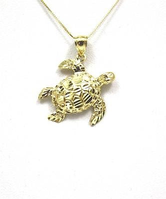 14K SOLID YELLOW GOLD SPARKLY DIAMOND CUT HAWAIIAN SEA TURTLE HONU PENDANT LARGE