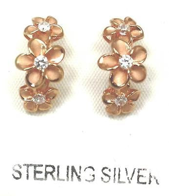 PINK ROSE GOLD STERLING SILVER 925 HAWAIIAN PLUMERIA FLOWER HOOP POST EARRINGS