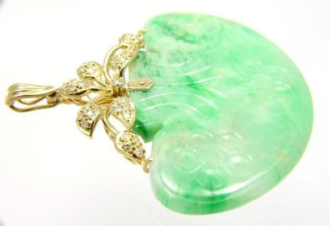 GENUINE NATURAL GREEN JADE JADEITE & DIAMOND PENDANT IN 14K YELLOW GOLD