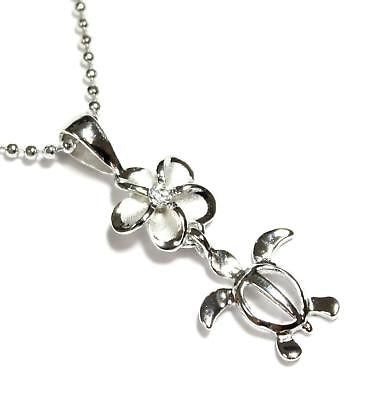 SILVER 925 HAWAIIAN PLUMERIA FLOWER DANGLE HONU SEA TURTLE PENDANT RHODIUM