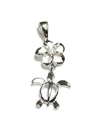 SILVER 925 HAWAIIAN PLUMERIA FLOWER DANGLE HONU SEA TURTLE PENDANT RHODIUM