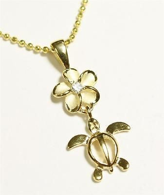 SILVER 925 HAWAIIAN PLUMERIA DANGLE HONU TURTLE PENDANT YELLOW GOLD PLATED CZ