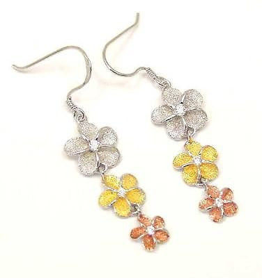 SILVER TRICOLOR 3 HAWAIIAN PLUMERIA FLOWER DANGLE WIRE HOOK EARRINGS