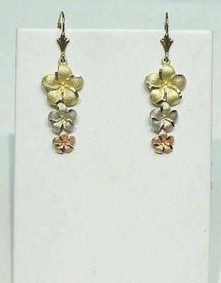 SOLID 14K YELLOW PINK WHITE TRICOLOR GOLD 3 HAWAIIAN PLUMERIA EARRINGS LEVERBACK