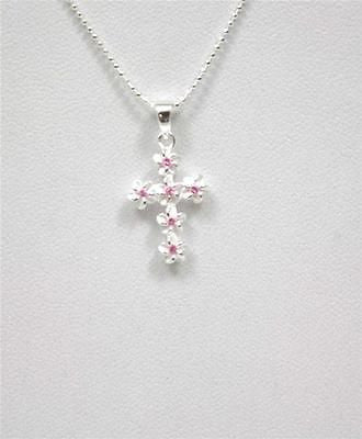 STERLING SILVER 925 HAWAIIAN PLUMERIA FLOWER CROSS PENDANT PINK CZ 11MM SMALL