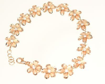 STERLING SILVER 925 HAWAIIAN PLUMERIA PINK ROSE GOLD PLATED BRACELET CZ 12MM 7.5