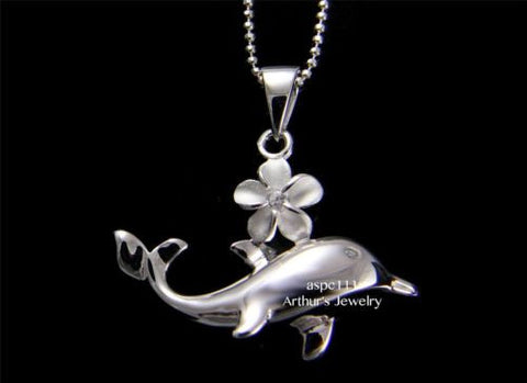 SILVER 925 HAWAIIAN 8MM PLUMERIA FLOWER SHINY DOLPHIN PENDANT CZ