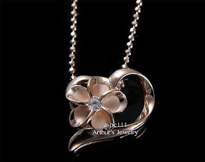 ROSE GOLD PLATED SILVER 925 HAWAIIAN 10MM PLUMERIA FLOWER HEART PENDANT CZ