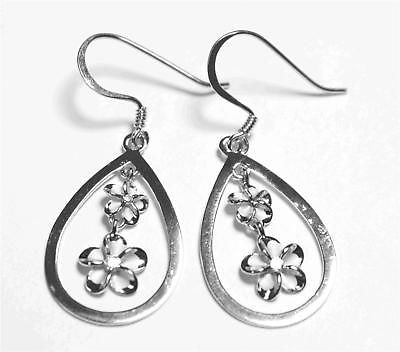 SILVER 925 HAWAIIAN PLUMERIA FLOWER TEAR DROP DANGLE WIRE RHODIUM EARRINGS