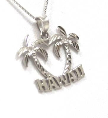 SOLID 14K WHITE GOLD SMOOTH DIAMOND CUT PALM TREE "HAWAII" PENDANT