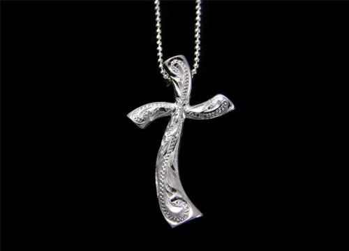 SILVER 925 HAWAIIAN PLUMERIA SCROLL ENGRAVED WAVE CROSS PENDANT HEAVY 18.5MM