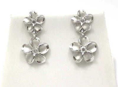 SILVER 925 HAWAIIAN 8MM DANGLE 10MM PLUMERIA FLOWER POST STUD EARRINGS RHODIUM