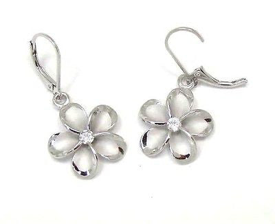 18MM SILVER 925 HAWAIIAN PLUMERIA LEVERBACK EARRINGS RHODIUM