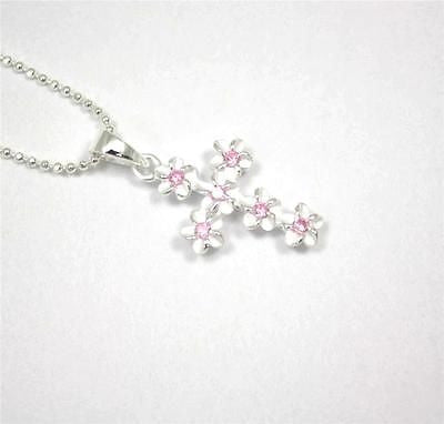 STERLING SILVER 925 HAWAIIAN PLUMERIA FLOWER CROSS PENDANT PINK CZ 11MM SMALL