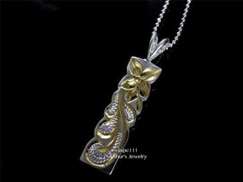 SILVER 925 HAWAIIAN PLUMERIA QUEEN SCROLL VERTICAL PENDANT 2 TONE YELLOW 8MM