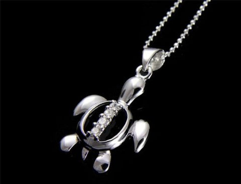 STERLING SILVER 925 SHINY HAWAIIAN HONU TURTLE PENDANT CZ 15MM
