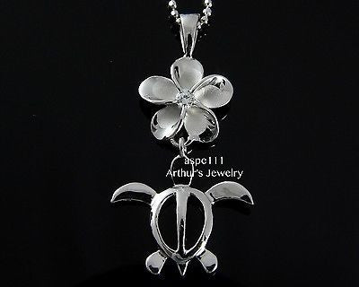 SILVER 925 HAWAIIAN PLUMERIA FLOWER DANGLE HONU SEA TURTLE PENDANT RHODIUM