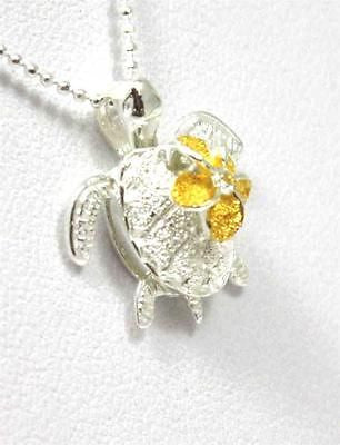 SILVER 925 HAWAIIAN 3D TURTLE CARRY YELLOW MOVABLE PLUMERIA FLOWER PENDANT