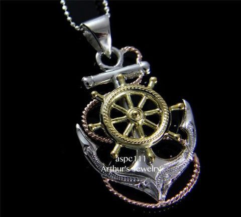 STERLING SILVER 925 TRICOLOR HAWAIIAN SCROLL ANCHOR OF HOPE SHIP WHEEL PENDANT