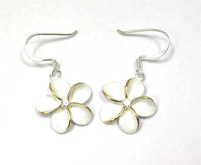 SILVER 925 HAWAIIAN PLUMERIA EARRINGS ON WIRE HOOK 2 TONE CZ 18MM