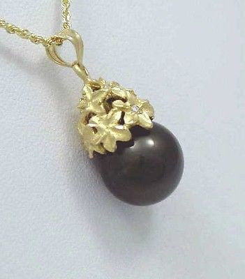 13.44MM TAHITIAN BLACK PEARL PENDANT 14K YELLOW GOLD PLUMERIA FLOWER DIAMOND