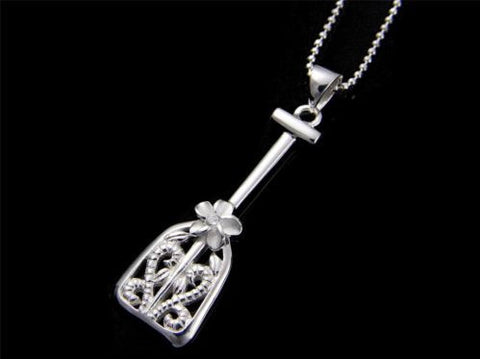 STERLING SILVER 925 HAWAIIAN PLUMERIA FLOWER SCROLL PADDLE PENDANT CZ