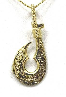 HEAVY SOLID 14K YELLOW GOLD 2 SIDED REVERSIBLE HAWAIIAN SCROLL FISH HOOK PENDANT