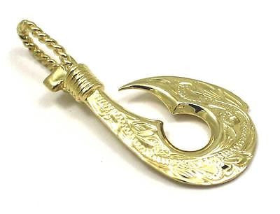 HEAVY SOLID 14K YELLOW GOLD 2 SIDED REVERSIBLE HAWAIIAN SCROLL FISH HOOK PENDANT