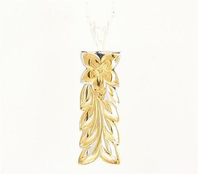 SILVER 925 12MM HAWAIIAN PLUMERIA MAILE LEAF VERTICAL PENDANT YELLOW GOLD PLATED