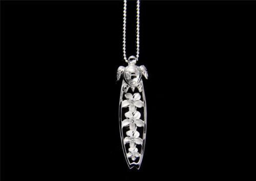 SILVER 925 HAWAIIAN SEA TURTLE PLUMERIA FLOWER SURFBOARD SLIDE PENDANT CZ