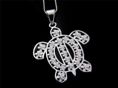 STERLING SILVER 925 HAWAIIAN PLUMERIA FLOWER HONU TURTLE PENDANT LARGE 35MM