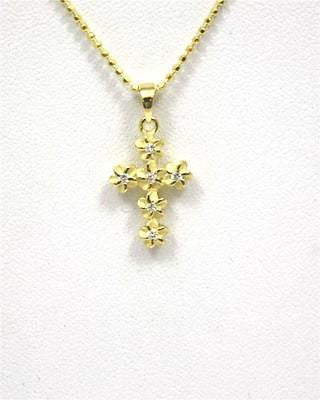 YELLOW SILVER 925 HAWAIIAN PLUMERIA FLOWER CROSS PENDANT CZ 11MM SMALL