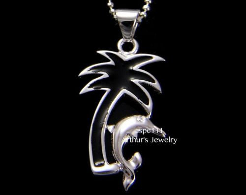 STERLING SILVER 925 HAWAIIAN BLACK ENAMEL PALM TREE SHINY DOLPHIN PENDANT