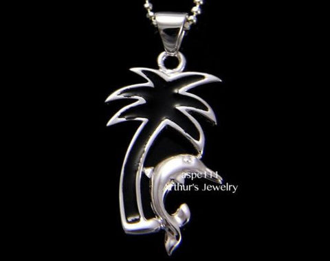 STERLING SILVER 925 HAWAIIAN BLACK ENAMEL PALM TREE SHINY DOLPHIN PENDANT