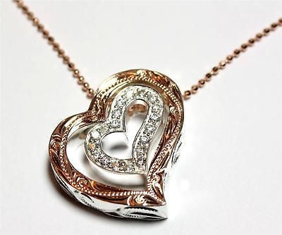 THICK PINK ROSE SILVER 925 HAWAIIAN SCROLL DOUBLE HEART CZ PENDANT