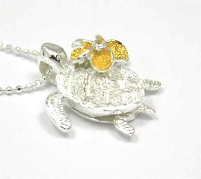 SILVER 925 HAWAIIAN 3D TURTLE CARRY YELLOW MOVABLE PLUMERIA FLOWER PENDANT