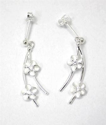 STERLING SILVER 925 SHINY BALL DANGLING HAWAIIAN PLUMERIA FLOWER EARRINGS CZ
