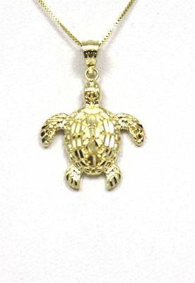 14K SOLID YELLOW GOLD SPARKLY DIAMOND CUT HAWAIIAN SEA TURTLE HONU PENDANT MED.