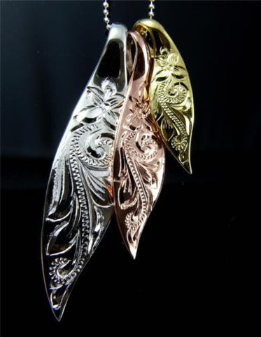 ROSE YELLOW GOLD PLATED SILVER 925 HAWAIIAN PLUMERIA SCROLL LEAF PENDANT SET