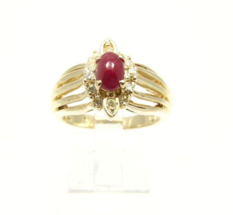 0.23CT GENIUNE CABOCHON RUBY & DIAMOND RING SET IN HEAVY SOLID 18K YELLOW GOLD