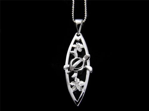 SILVER 925 HAWAIIAN PLUMERIA FLOWER HONU TURTLE CUT OUT SURFBOARD PENDANT CZ