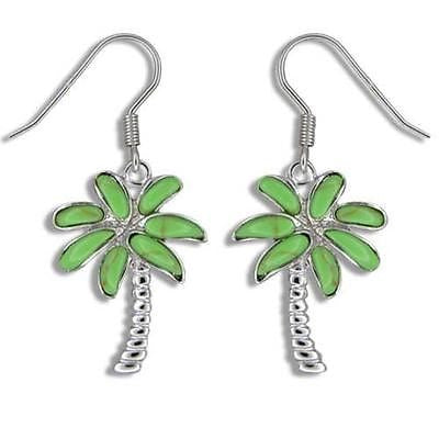 19MM SILVER 925 GREEN TURQUOISE HAWAIIAN PALM TREE EARRINGS WIRE HOOK RHODIUM